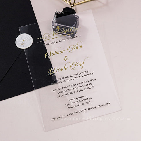 vintage black and gold acrylic wedding invitations CWIA03