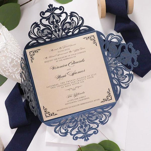 vintage navy blue champagne copper gold laser cut wedding invitations