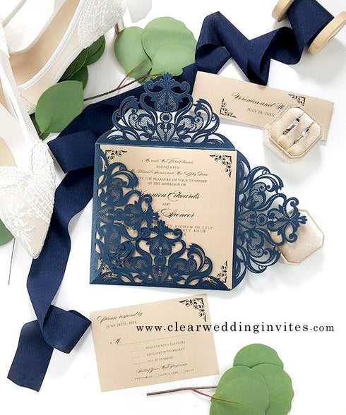 vintage navy blue champagne copper gold laser cut wedding invitations