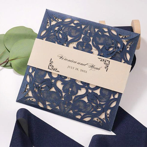 vintage navy blue champagne copper gold laser cut wedding invitations