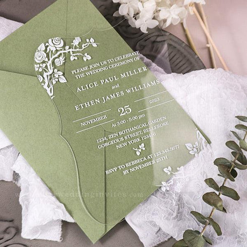 elegant white rose clear transparent acrylic wedding invitations CWIA75