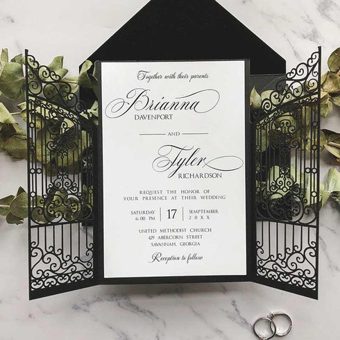 vintage shimmer black intricate laser cut gate-folded wedding invitation CWIL04
