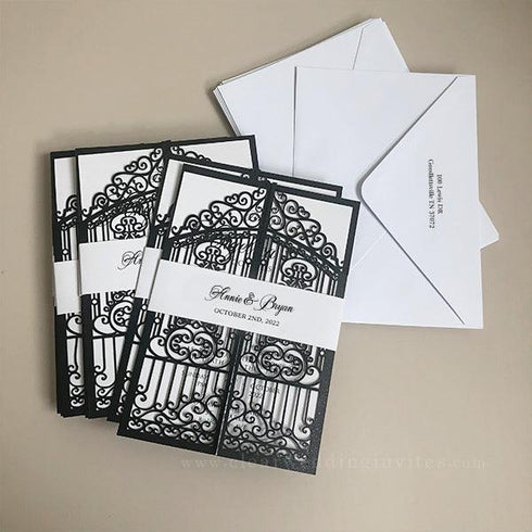 vintage shimmer black intricate laser cut gate-folded wedding invitation CWIL04