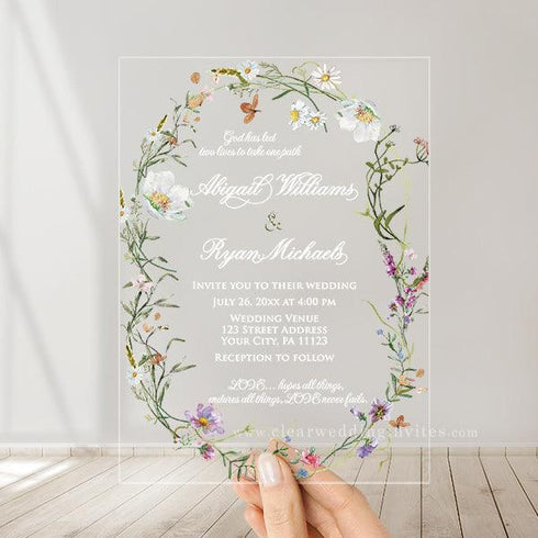 watercolor wildflower wreath acrylic wedding invitations CWIA251