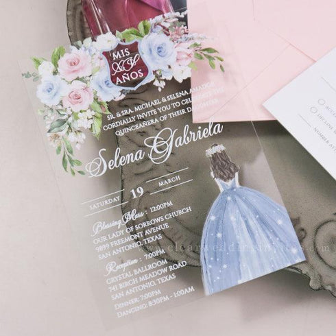 watercolor light blue and light pink quinceanera acrylic invitation CWIA252