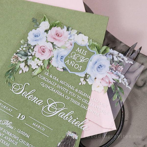watercolor light blue and light pink quinceanera acrylic invitation CWIA252
