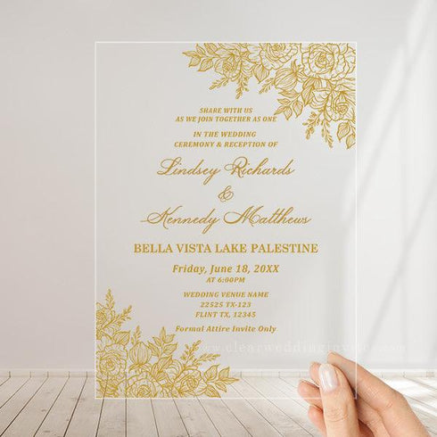 whimsical gold floral and leaf acrylic wedding invitation CWIA14