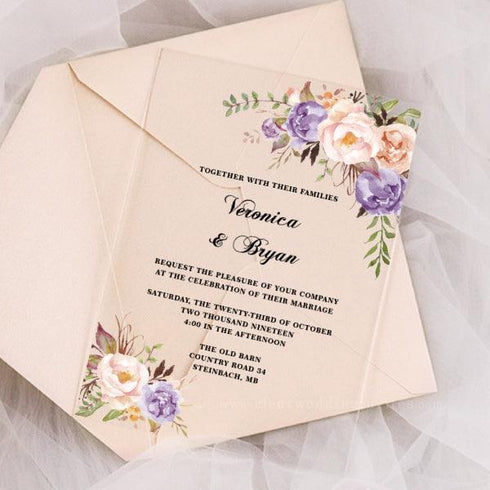 whimsy garden peach lavender acrylic wedding invitations CWIA123