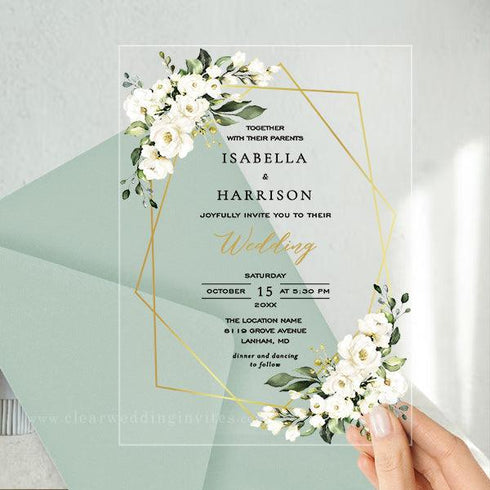 white greenery gold geometric acrylic wedding invitation CWIA266