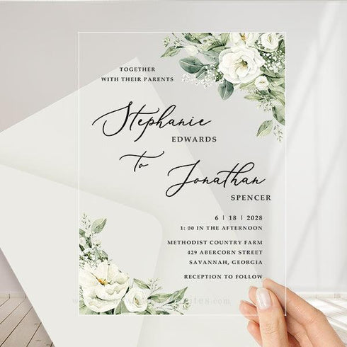 soft white floral eucalyptus acrylic wedding invitation CWIA265