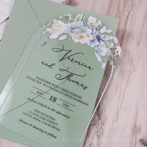 Light Blue and Ivory Flowers Transparent Acrylic UV Printed Invitations CWIA180