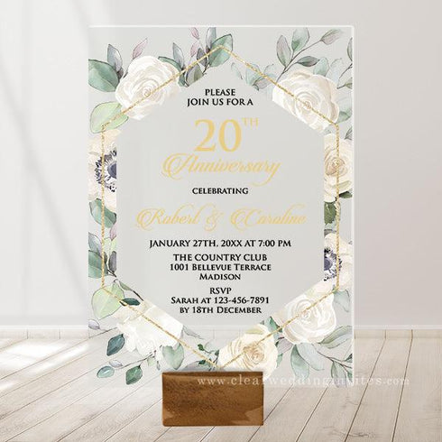 20th anniversary rustic white floral wreath acrylic invitations CWIA192