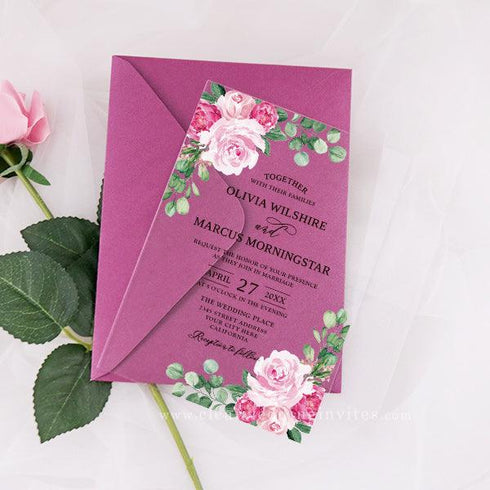 Acrylic Clear Pink Floral and Green Wedding Invitation CWIA26
