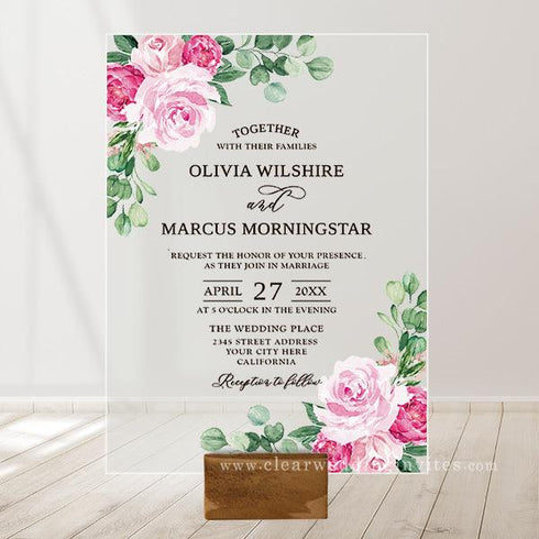Acrylic Clear Pink Floral and Green Wedding Invitation CWIA26