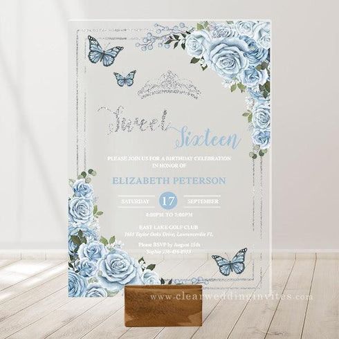 Baby Blue Floral Butterflies Sweet Sixteen 16th Acrylic Invitation CWIA157