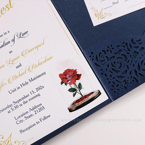 Beauty and the beast navy blue red rose pocket wedding invitations CWIL80