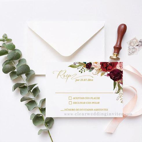 Burgundy Pink Gold Spanish Acrylic Wedding Anniversary Invitation CWIA200