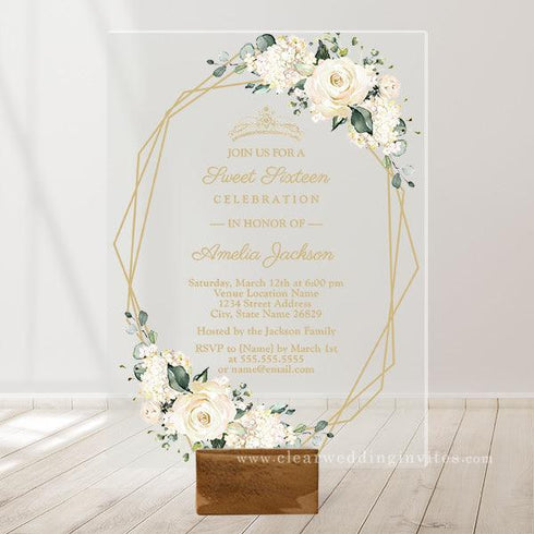 Champagne Watercolor Floral Sweet 16 Party Acrylic Invitation CWIA159