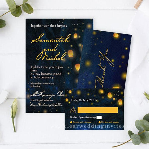 Romantic Fire Sky Wish Lantern Wedding Invitation CWIF66