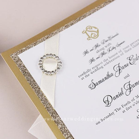 Elegant Ivory and Gold Glittery Layered Wedding Invitations CWIFL01