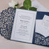 Elegant Navy Blue Laser Cut Pocket Wedding Invitations with Silver Glitter Liner CWIL13