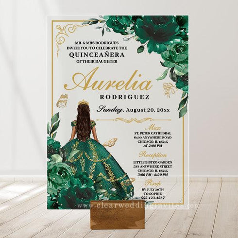 Quinceañera Emerald Green Floral Gold Princess Acrylic Invitation CWIA214