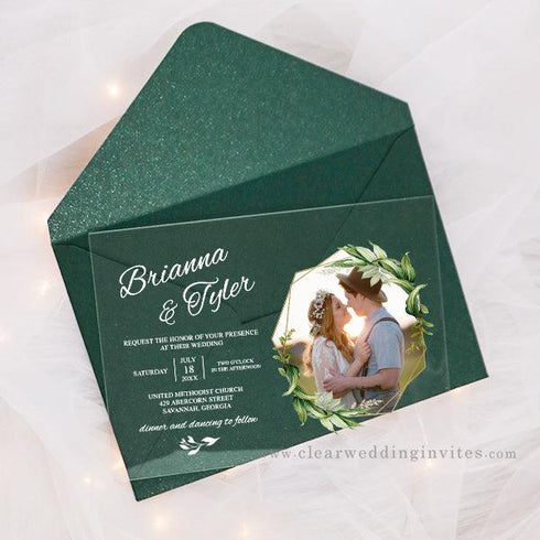 Greenery Leaves Clear Acrylic Wedding Invitations Save the Date Card With Photo CWIS16