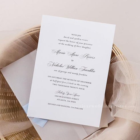 French blue ribbon simple calligraphy vellum wedding invitation CWIV10