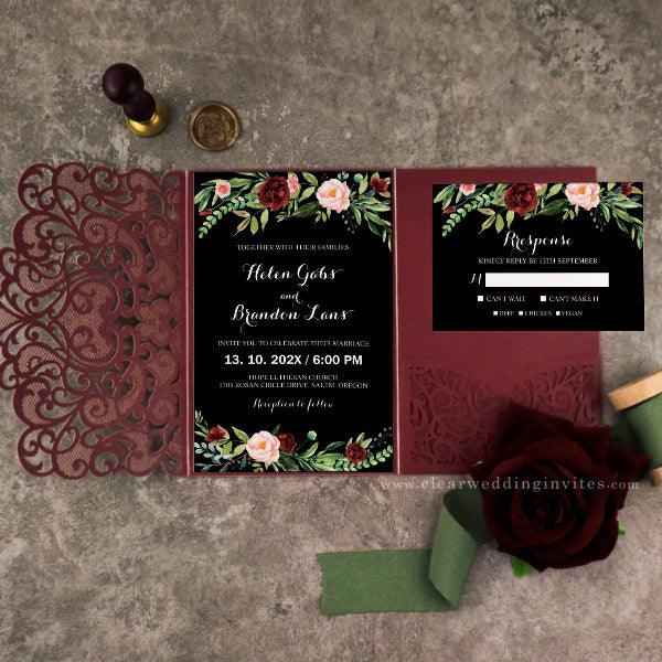 black burgundy pink floral garden boho pocket wedding invitations CWIL89