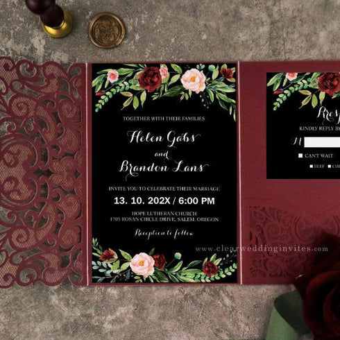 black burgundy pink floral garden boho pocket wedding invitations CWIL89