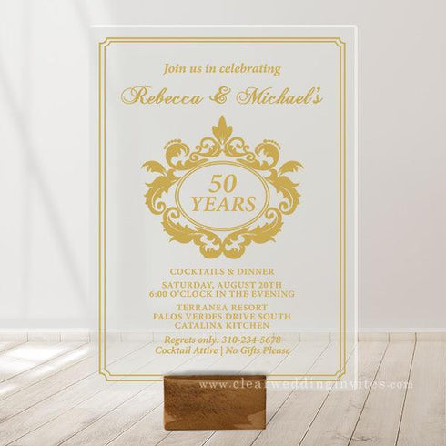 Gold Damask 50th Golden Anniversary Acrylic Invitations CWIA196