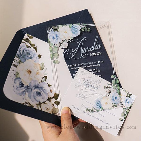 light blue and ivory floral script acrylic quinceanera wedding invitation CWIA189