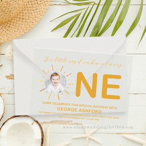 Little Ray of Sunshine Photo Baby First Acrylic Birthday Invitation CWIBA16