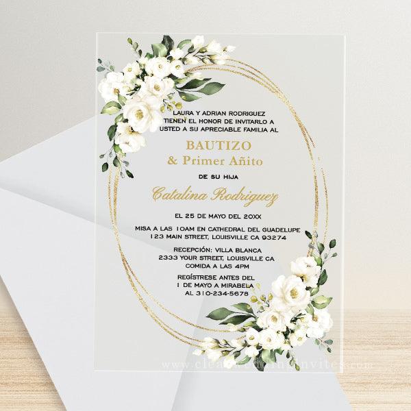 Luxury White Flowers Gold Glitter Frame Baptism Christening Acrylic Invitation CWIBP06