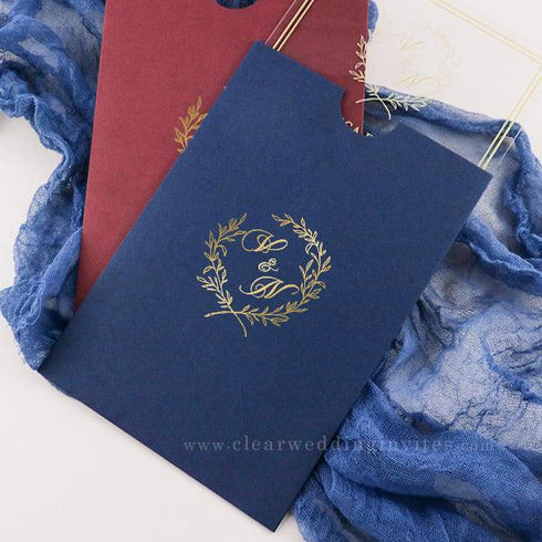 Minimal Leaf Gold Formal Monogram Pocket Acrylic Wedding Invitations CWIA171