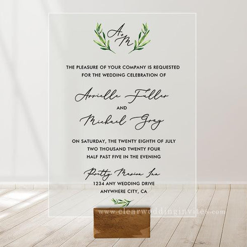 Modern Elegant Olive Greenery Minimalist Acrylic Wedding Invitation CWIA135