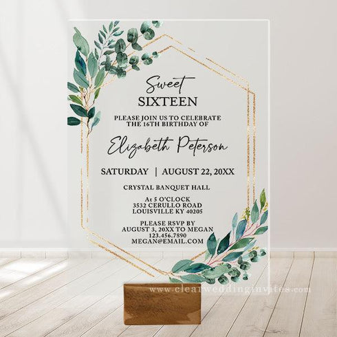 Modern Watercolor Greenery Eucalyptus Gold Frame Sweet 16 Acrylic Invitation CWIA158