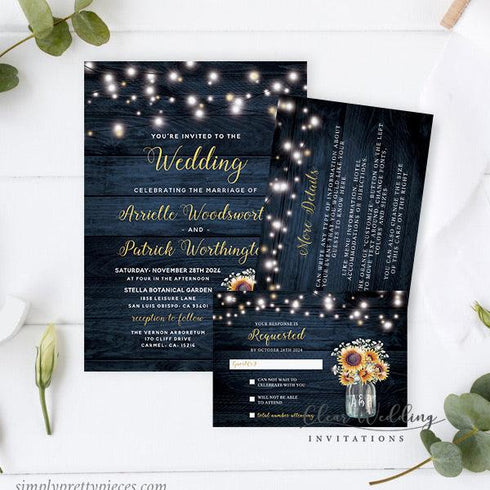 Navy Blue Sunflower Baby's Breath Mason Jar Rustic Wedding Invitations CWIF61