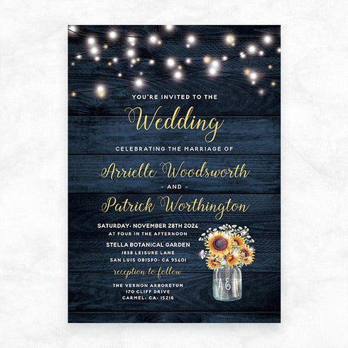 Navy Blue Sunflower Baby's Breath Mason Jar Rustic Wedding Invitations CWIF61