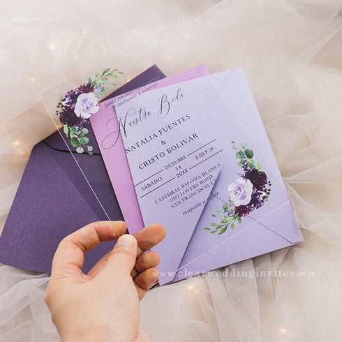 Whimsical Purple Floral Nuestra Boda Invitation Transparent Invitations CWIA142