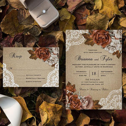 rustic earthy burlap dusty terracotta rose affordable wedding invitation CWIF51