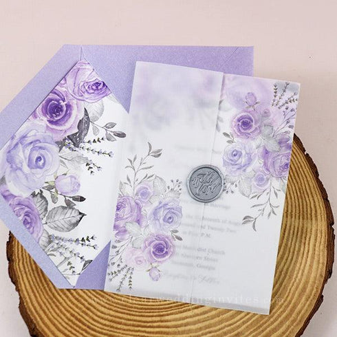 Rustic Lilac Lavender Silver Gray Floral Vellum Wedding Invitation CWIV21
