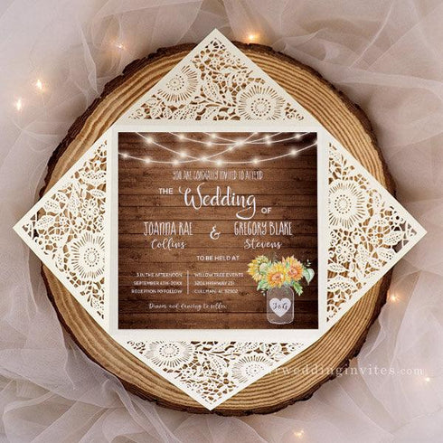 rustic sunflower mason jar and string lights barn wedding invitations CWIL52