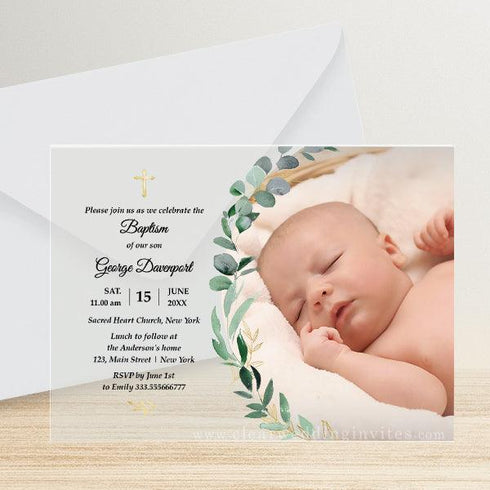 Simple Watercolor Greenery and Gold Photo Acrylic Baptism Invitation CWIBP03