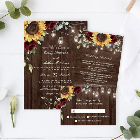 Sunflower and Burgundy Red Rose Rustic Wedding Invitations CWIF60