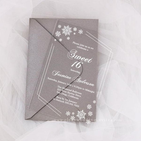 Snowflake Sweet 16 Acrylic Birthday invitation Winter Themed invitation CWIA174