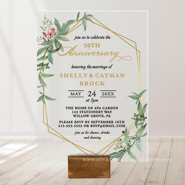 Greenery Geometric Gold 50th Anniversary Acrylic Invitation CWIA195