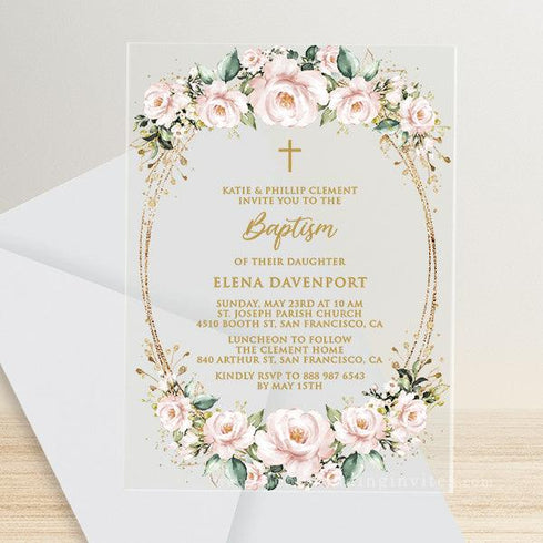 watercolor pink floral girl acrylic baptism invitation CWIBP08