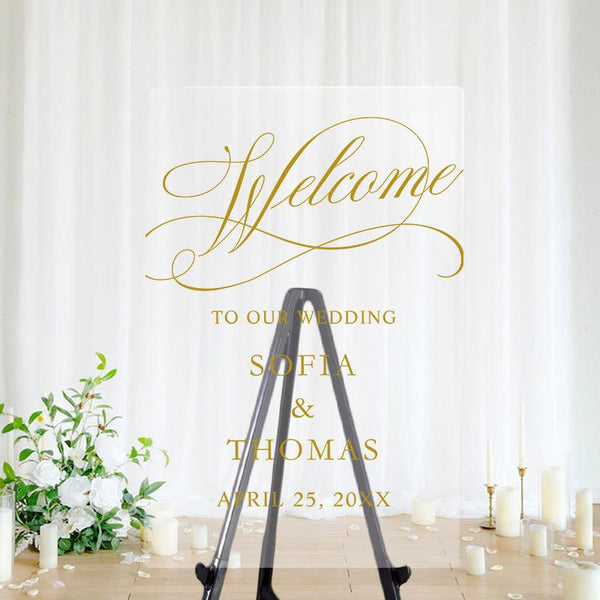 Fancy Gold Script Welcome to Our Wedding Acrylic Sign CWIWS03