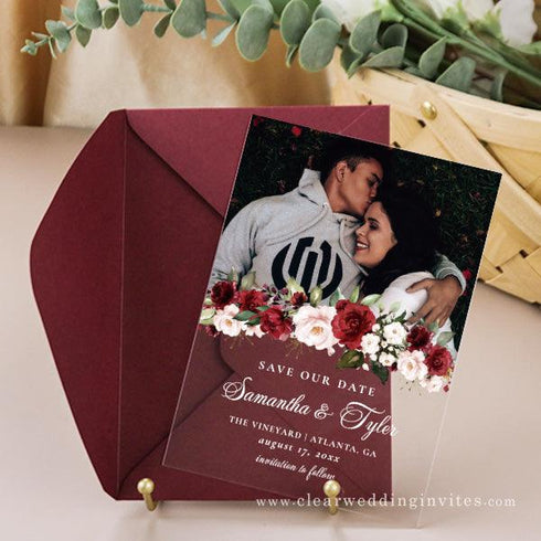 Burgundy and Pink Floral Acrylic Save the Date Card CWIS17